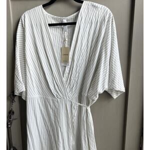 MANGO NWT Women's Cotton White Grey Pin Stripe Maxi Wrap Dress Plus Sz 3x